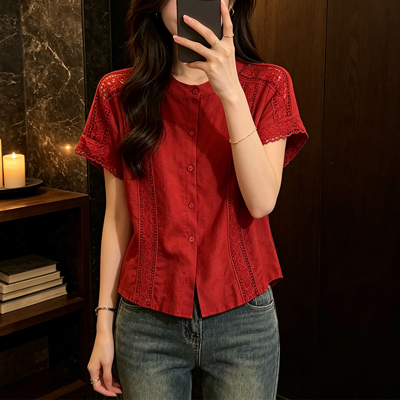 Plus-Size Casual Red Lace Shirt for Women, 2026 Summer New Style, Loose Fit, Slimming, Versatile Top for Curvy Women