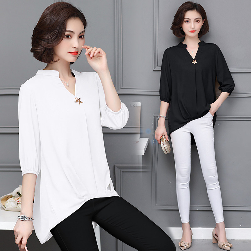 Plus fat plus size belly-covering bottoming shirt Western style fat mm scheming top early autumn new loose chiffon T-shirt women