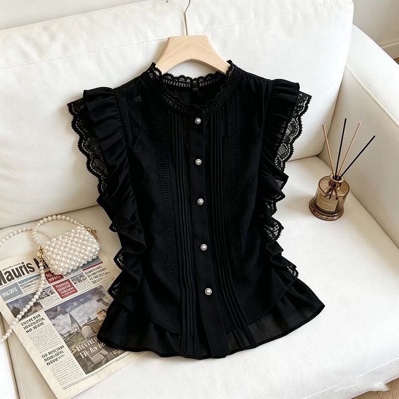 Plus-Size Women's Clothing 2026 Summer New Style Black Round-Neck High-End Lace Patchwork Versatile Top Elegant Sleeveless Shirt