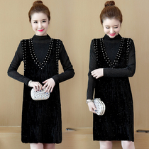 Large size womens clothing 2021 spring and autumn new fat mm long-sleeved mesh base shirt vest dress two-piece set tide