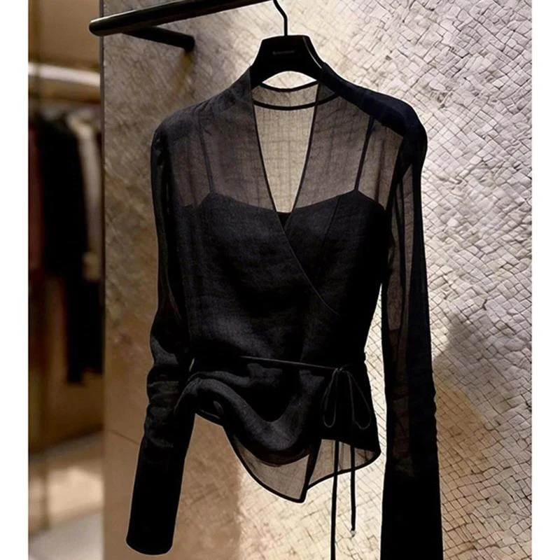 Plus-Size French-Style Black Long-Sleeve Blouse for Women, 2026 Summer New V-Neck Tie-Up Sheer Fashion Top
