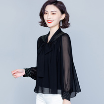 Large size chiffon shirt ladies early spring 2023 new lace bottoming mesh small shirt foreign style long-sleeved top trend