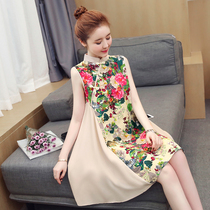 National style womens clothing improved version of Cheongsam girl 2021 large size retro Chinese style cotton and linen stitching Chiffon dress