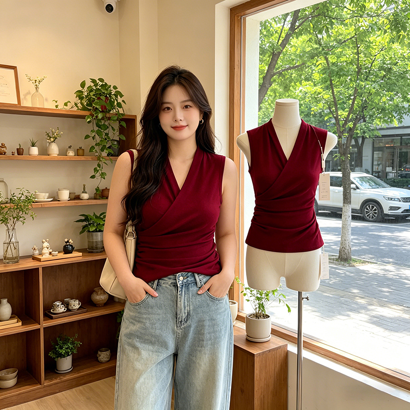 Plus-Size Stylish Red V-Neck Sleeveless Short-Sleeve Vest for Women, 2026 Summer New Fashion Versatile and Super Pretty Top