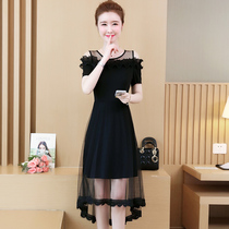 Plus-size womens clothing 2023 summer new fat sister mm short-sleeved mesh splicing slimming belly-covering dress tide