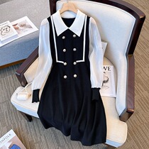 Plus size womens spring new fat sister 2023 French knitted doll collar black and white age-reducing slim dress
