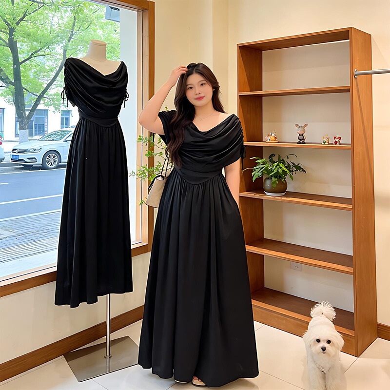 Plus-Size French-Style Pure and Alluring Off-Shoulder, Low-Neck Short-Sleeve Dress for Women, 2026 Summer New Slimming and Elegant Long Dress