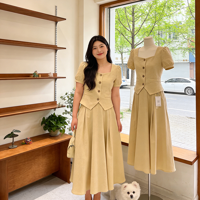 Plus-Size Fashion Suit Skirt for Women 2026 Summer New Style Simple Cardigan Top + High-Waisted Skirt Two-Piece Set