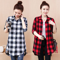 Large size belly-covering plaid shirt womens 2023 spring new fat mm mid-length bottoming shirt casual slimming jacket tide