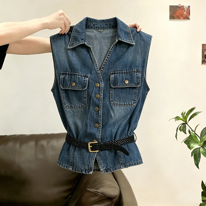 Plus-Size 2026 Summer New Hong Kong Style Retro Lapel Denim Vest Women's Waist-Cinching Slimming Sleeveless Top Plus-Size 2026 Summer New Hong Kong Style Retro Lapel Denim Vest Women's Waist-Cinching Slimming Sleeveless Top