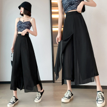 Large size fat mm chiffon fake two-piece wide-leg pants early spring new 2023 fashion design sense loose and thin pants women