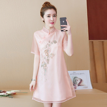 2023 summer new womens large size chiffon dress foreign style loose belly cover slimming improved cheongsam skirt for women