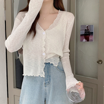 Large size womens thin section wood ear edge V-neck top 2023 spring new fat MM slim cardigan knitted sunscreen