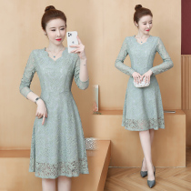 Spring new 2023 large size womens Korean version long-sleeved lace embroidery dress with waist and belly covered solid color large swing skirt