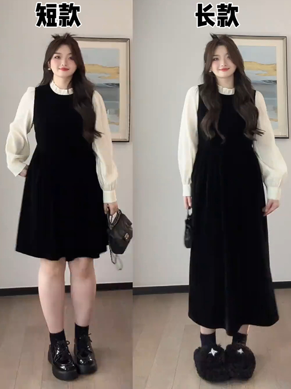 Plus-Size Women's French-Style Faux Two-Piece Hepburn-Style Waist-Cinching Velvet Little Black Dress, New Autumn Model for Chubby Women, Tummy-Covering Dress