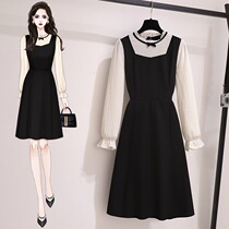 Plus-size womens clothing 2023 early spring new fat mm cover meat temperament round neck fake two-piece long-sleeved contrast color dress tide