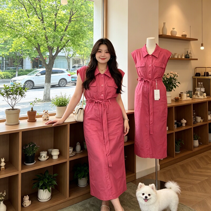 Plus Size 2026 Summer New Vintage Lapel Sleeveless Dress Women's Fashionable Elegant Waist-Cinching Tie Shirt Dress