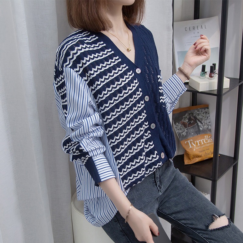 2022 spring new fat sister MM large size dress with slim sweater knitted splice striped shirt blouse