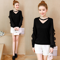 2023 early spring new scheming womens tops plus size womens clothing fat mm loose belly-covering thin lotus leaf long-sleeved T-shirt