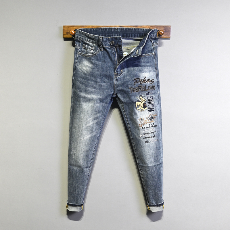 2026 Summer Thin European-Style Trendy Brand Embroidered Cropped Jeans Slim Fit Skinny Pants Vintage Retro Trendy Versatile