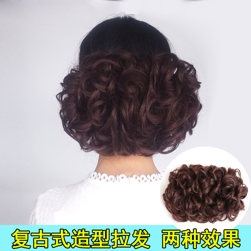 Qipao wig fluffy hair Flowers Retro disc head Buttoned Balls with Blossom Head Bride Disc Hair Emulation Curly Hair Wrap