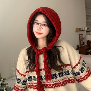2025 New Style Knitted Wool Red Hat for Women, Autumn and Winter Braided Earflap Warm Lei Feng Hat Trendy