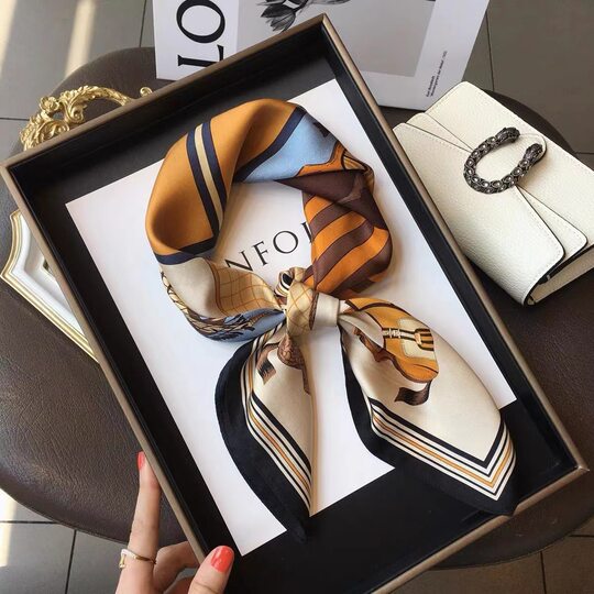 2025 Spring and Autumn New Style 70cm Small Square Scarf for Women with Butterfly Print, Imitation Silk Scarf, Fashionable Professional Shirt Collar Scarf Trend