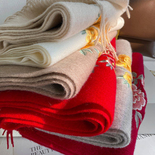 2025 New Peony Embroidery 100% Pure Wool Scarf Women's Winter Mother Elders New Year's Gift Warm Scarf