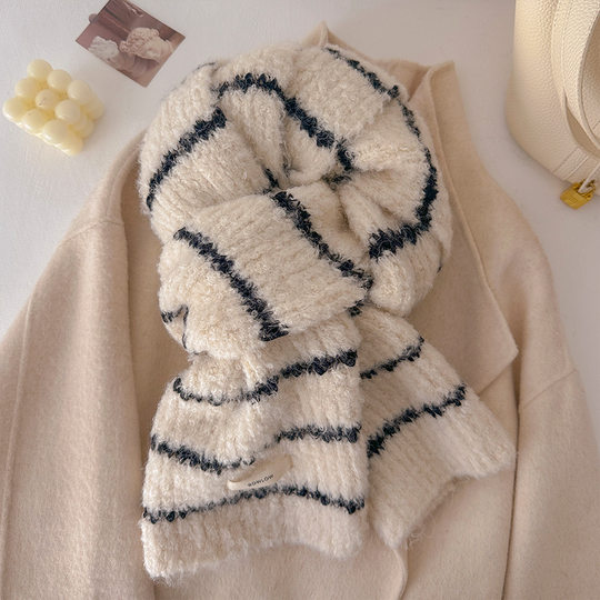 2025 new winter scarf for women, soft and waxy, high-end, wool striped knitted autumn and winter warm couple scarf