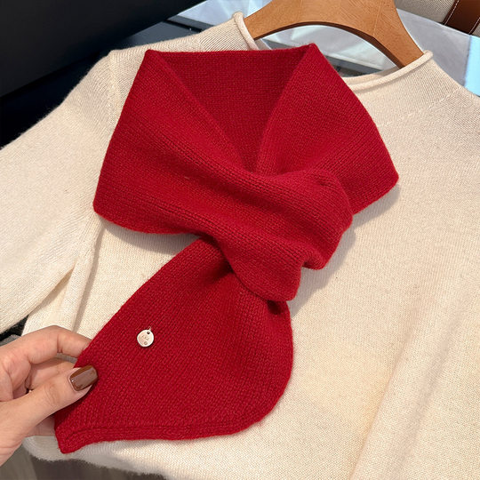 2025 New 100% Wool Knitted Cross Small Scarf Women's Autumn and Winter Korean Style Versatile Warm Student Scarf Trendy