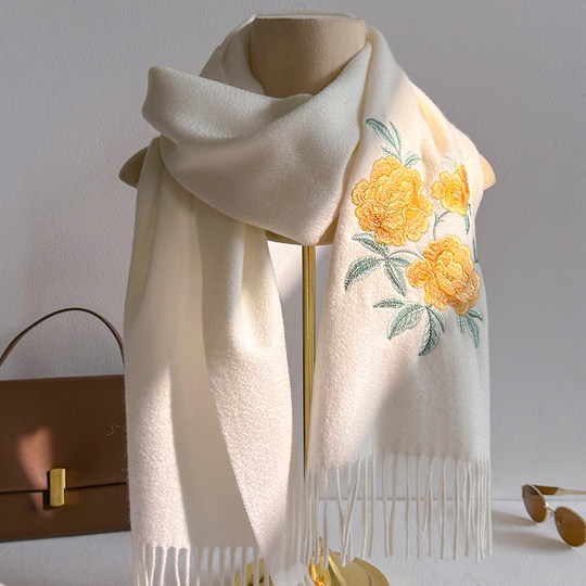 2025 New Peony Embroidery 100% Pure Wool Scarf Women's Winter Mother Elders New Year's Gift Warm Scarf