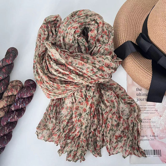 2024 Spring and Autumn New Fashion Floral Pleated Thin Scarf for Women, Ethnic Style Cotton and Linen Feel Silk Scarf, Neck Warmer for Mom