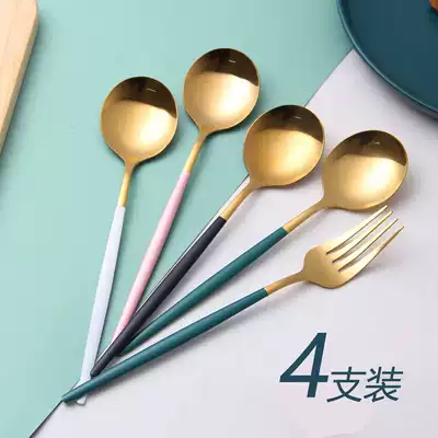Net red spoon household eating spoon stainless steel Korean long handle drink spoon dessert adult spoon main meal fork spoon more