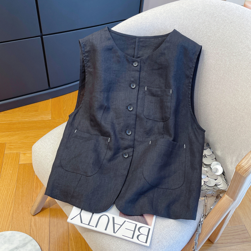 Super Nice-Looking 100% Linen Thin Layered Sleeveless Vest for Women with Multiple Pockets, Breathable, Petite Sleeveless Cardigan Vest