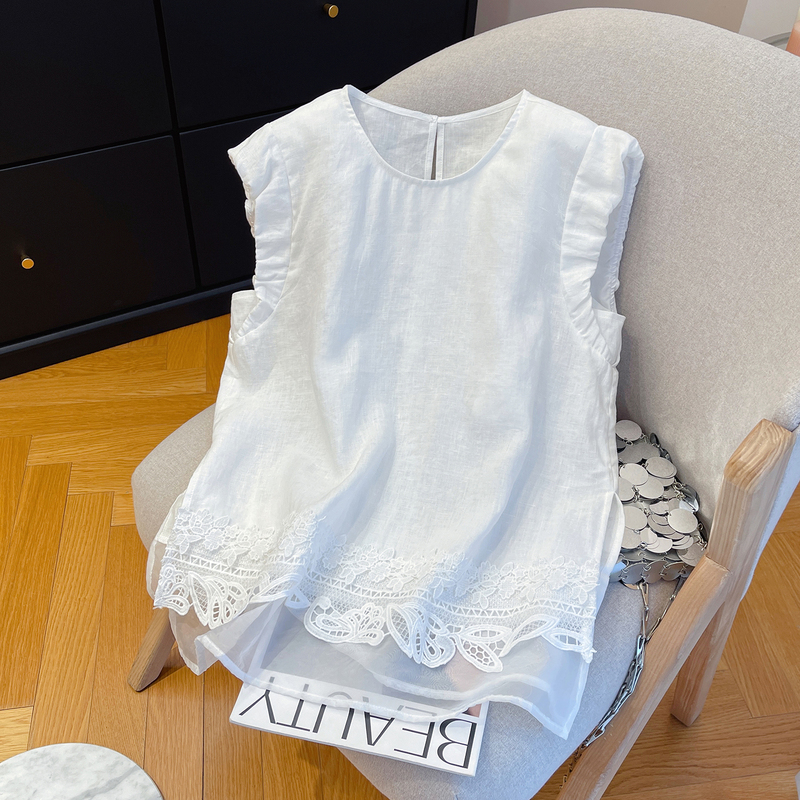White 100% Linen Mesh Patchwork Sleeveless Vest for Women 2026 Summer Lace Hem Breathable Age-Reducing Top