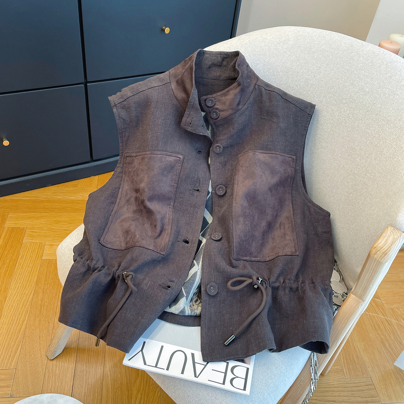 High-End Color-Blocked Linen Stand-Up Collar Vest for Women 2026 Autumn Color-Blocking Pocket Hem Drawstring Sleeveless Vest Jacket