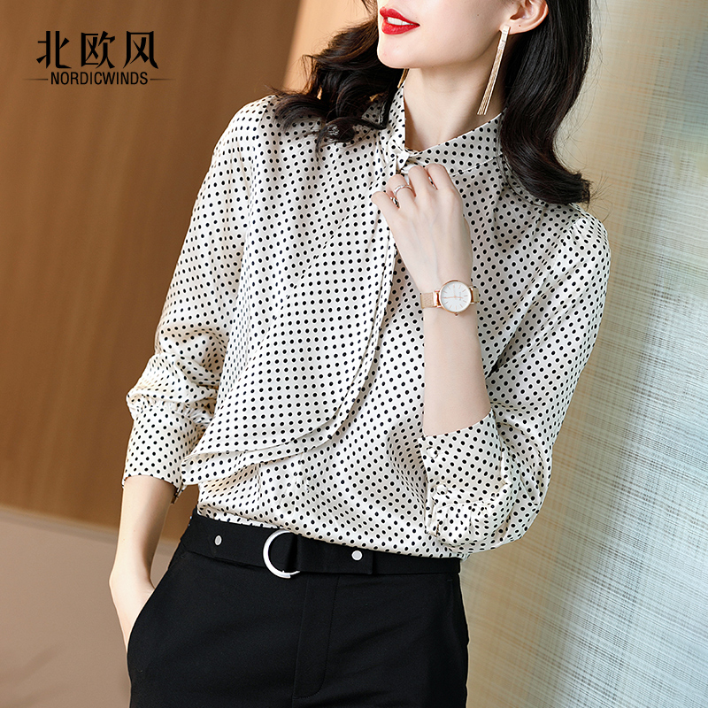 Купить женская рубашка Лук воротник горошек печать шелковая рубашка ...