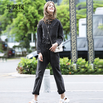 European goods 2021 spring spring thin new tooling jumpsuit drawstring high waist denim jumpsuit smoke gray jumpsuit womens clothing