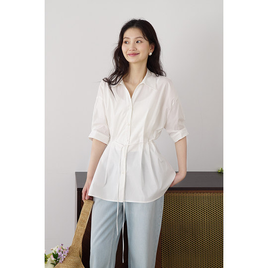 嘉茱莉设计感短袖衬衫女2025夏季新款薄款五分袖纯色通勤气质上衣