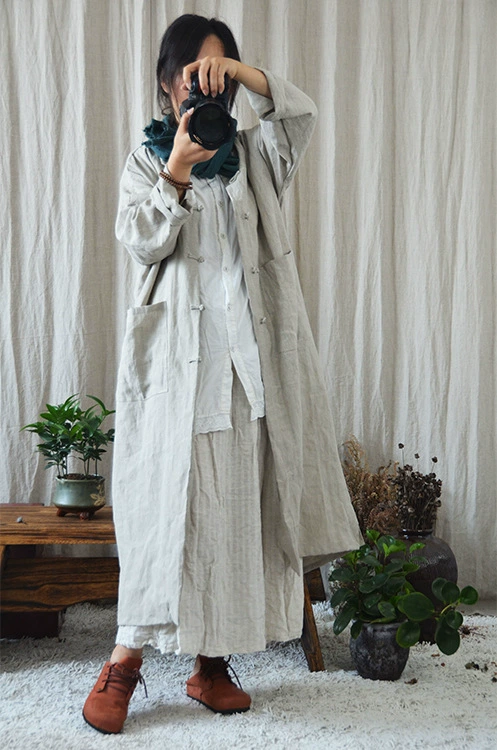 Retro có cúc tay dài áo choàng gai áo gió áo khoác cardigan văn học Quần áo phụ nữ Trung Quốc - Trench Coat