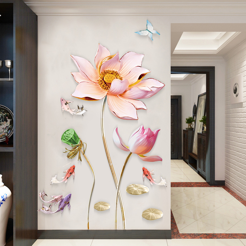 Relief lotus warm bedroom bed entrance wall decoration wall sticker Living room decal wallpaper Wallpaper self-adhesive