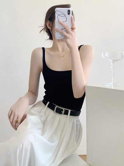2025 new summer ice silk women's tops with square collar, slim fit and knitted camisole with versatile temperament and high-end feel