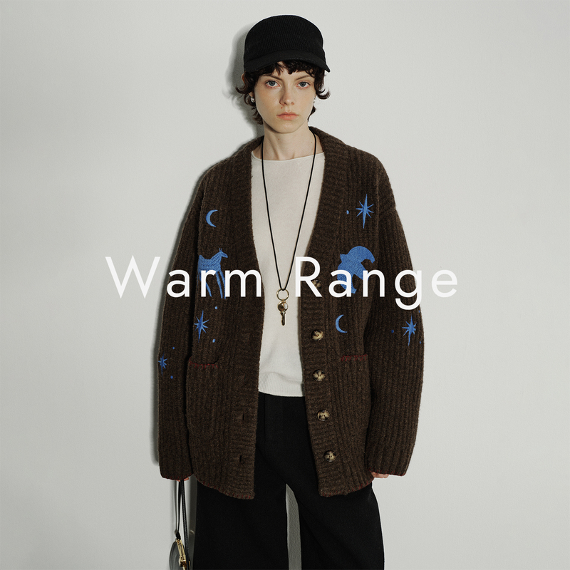 Warm Range's "Night Planet Language" Fun Embroidered Wool-Blend Knit Cardigan Women's Sweater Jacket