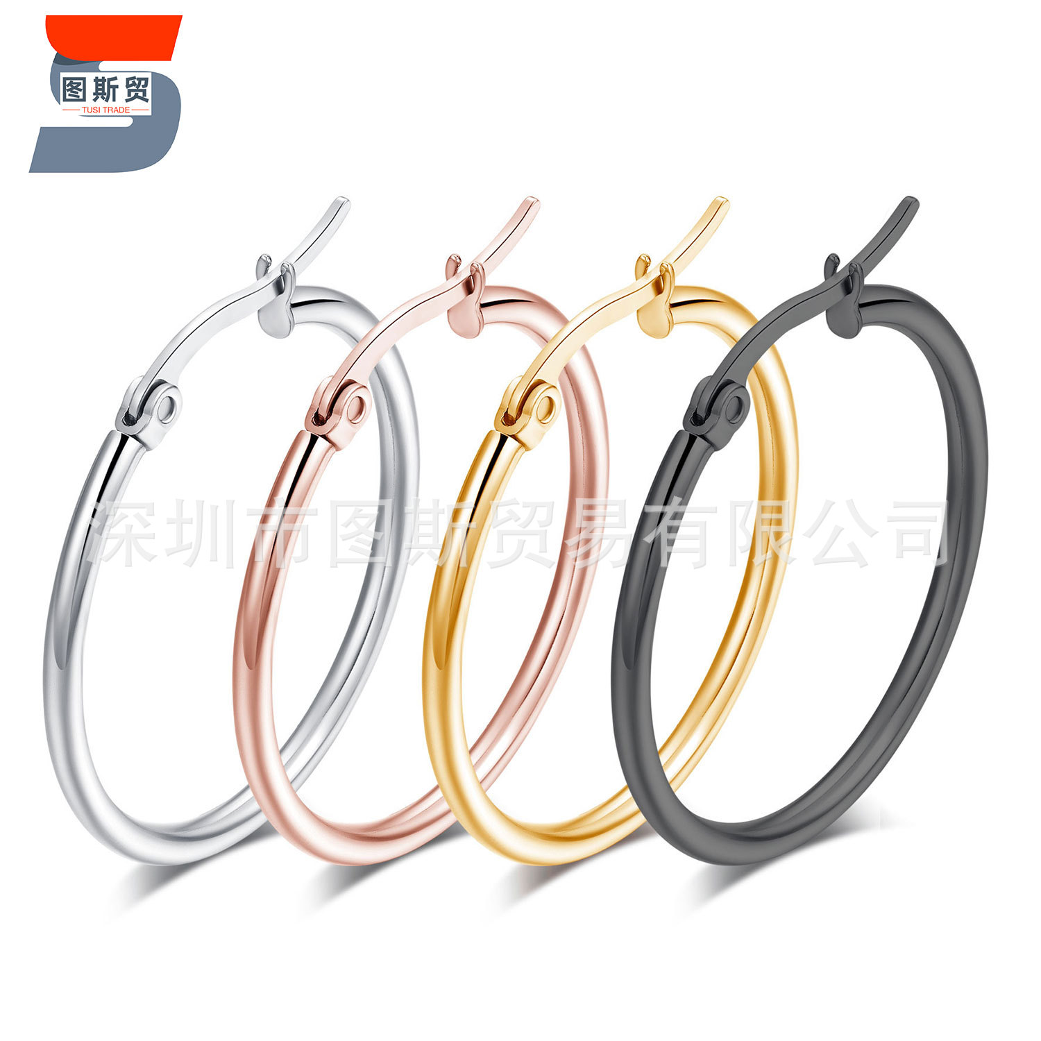 Explosive high-end sense line big earrings exaggerated big earrings black fashion earrings unique titanium steel gold round ear buckles