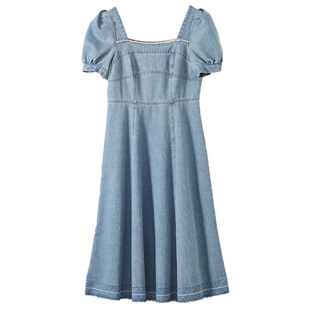 Xiangying Square Neck Denim Dress ແມ່ຍິງລະດູຮ້ອນປີ 2024 ແຟຣນຊັ້ນສູງຄຸນນະພາບສູງເກີນຫົວເຂົ່າ ສິ້ນກະໂປງແຂນເສື້ອ