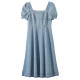 Xiangying Square Neck Denim Dress ແມ່ຍິງລະດູຮ້ອນປີ 2024 ແຟຣນຊັ້ນສູງຄຸນນະພາບສູງເກີນຫົວເຂົ່າ ສິ້ນກະໂປງແຂນເສື້ອ