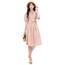 Fragrant Shadow Pink Shirt Dress Shirt Dress Woman 2024 Summer New shirt dress Dress Temperament Laces to collect waist Bubble Sleeves Dresses