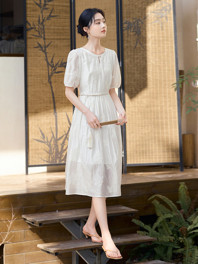 [New Chinese Style]Xiangying New Chinese-Style White Dress for Women 2025 Summer New Lyocell Tencel Embroidered Dress