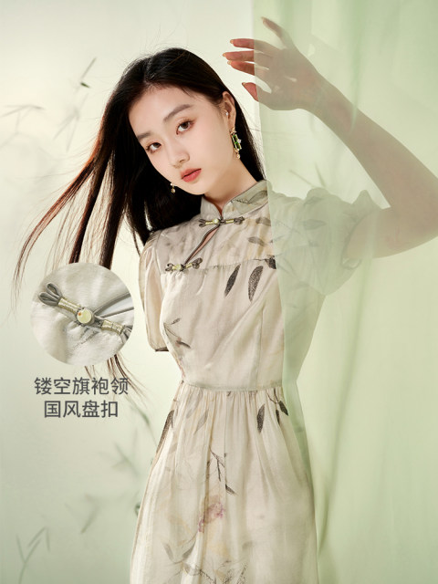 Xiangying New Chinese Style National Style Dress Women's 2025 Summer New Tencel Button Puff Sleeve Floral Cheongsam Skirt