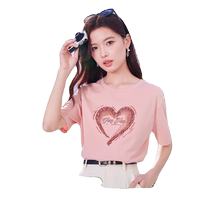 Fragrant Shadow Black Tech Ice Sensation T-Shirt Woman Short Sleeve 2024 Summer New Loving Printed Bright Sheet Pink Round Collar Blouse